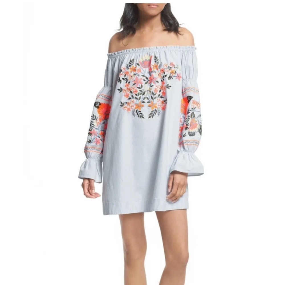 Free People Embroidered Off-Shoulder Dress - Light Blue